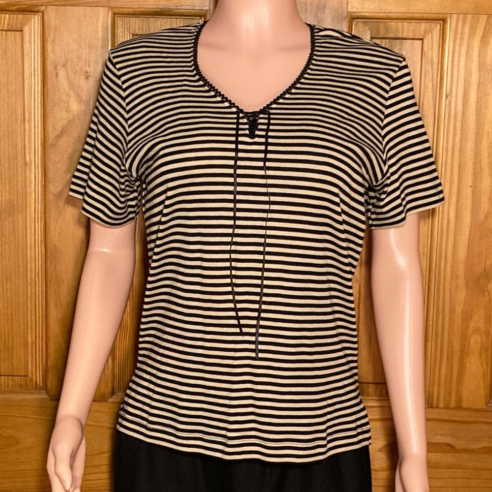 NWOT Cathy Daniels Vintage 80s 90s Top Short Sleeve Blouse Tan Black M Medium